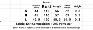 Detailed size guide and material specs for the round neck diamond knit sweater