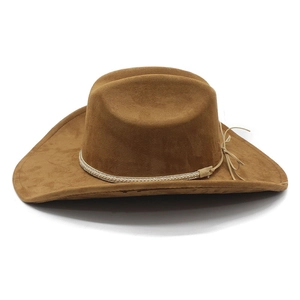 Close-up of the vintage brown faux suede cowboy hat with a braided silver band and knot