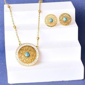Retro hollow mesh turquoise necklace and earrings set with crystal accents for women