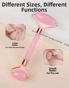 Dual-ended pink quartz roller with rose gold metal frame for face and eye area massage