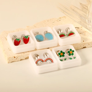 Set of 5 pairs of cute stainless steel stud earrings with fruit and rainbow designs
