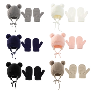 Baby knit beanie hat and mittens set with pom poms in six colors including grey and pink