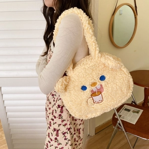 Cute lamb wool fuzzy tote bag with bear ear design and cartoon embroidery detail