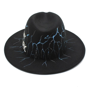 Black wool fedora with blue lightning patterns and New York print for men and women