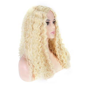 Detail of platinum blonde long water wave wig with dense curls on a model with white background