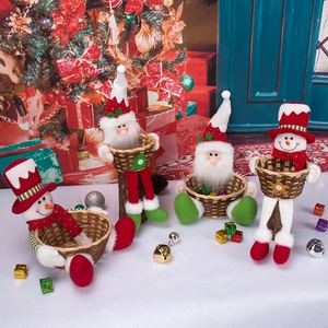 Christmas plush Santa and Snowman candy baskets with woven bamboo base for holiday decor