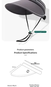 Detail view of UPF 50+ sun hat with adjustable wind rope and dimension measurements