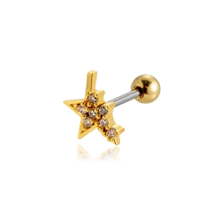 Macro shot of gold star-shaped stud earring with zircon inlay and ball screw back