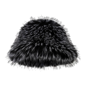 Thick plush black faux fur bucket hat with white tips for women's winter warmth