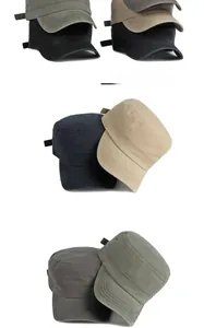 Detailed view of vintage washed cotton cadet caps in four classic neutral colors