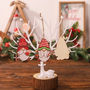 Set of 9 wooden Christmas gnome ornaments hanging on a white reindeer stand for decor
