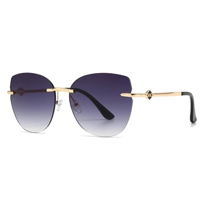Modern rimless cat-eye sunglasses with purple gradient lenses and gold metal frames