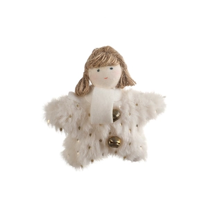 White plush star Christmas tree ornament with girl head design and gold polka dots