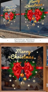 Detailed Christmas window stickers with red bows, ornaments and Merry Christmas text