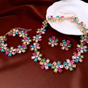 Vintage Floral Necklace Bracelet Earrings Alloy Gold Plated Multicolor Rhinestone With Silver Earring Post Elegant Women