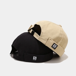 Retro khaki and black brimless sailor docker caps with adjustable metal buckle and S-label