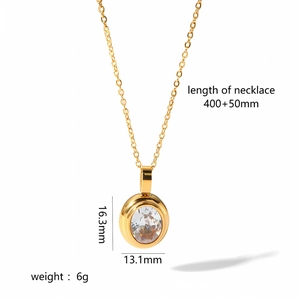 Detailed view of the 18k gold oval zircon necklace with size specs 400+50mm and 6g weight