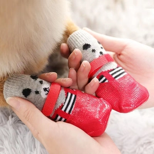 Waterproof non-slip dog shoes with panda pattern and adjustable red velcro straps