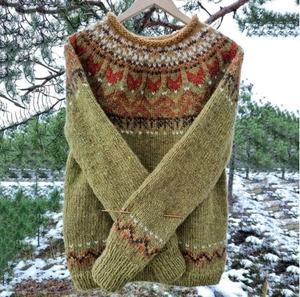 Detailed knit texture and colorful geometric pattern on a winter Fair Isle sweater