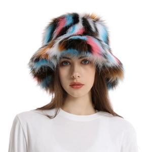 Colorful faux fur bucket hat with mixed blue and pink plush for winter warmth