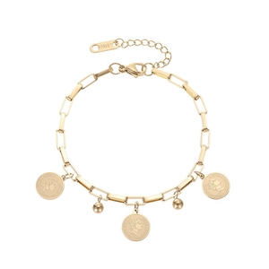 Pulsera de acero de titanio dorado con colgantes de monedas Elizabeth II y cuentas en blanco