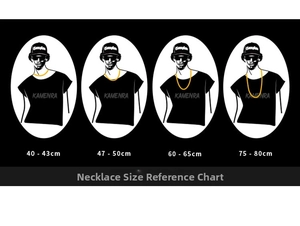 Size chart showing necklace lengths from 40cm to 80cm on a female neck and chest model