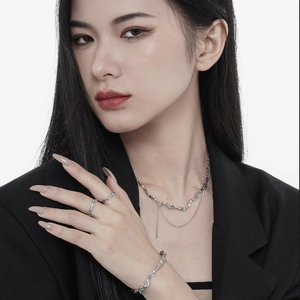 Liquid metal style S925 sterling silver jewelry set with mint blue enamel rings and necklace