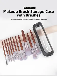 Detail of 12-piece makeup brush set with brown wooden handles and mesh travel case