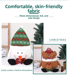 Detail of soft plush snowman and reindeer dolls with knit hats for Christmas decor