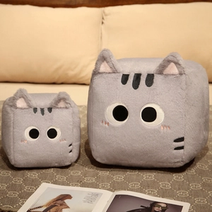Two sizes of gray square plush cat pillows featuring 3D ears and cute embroidery
