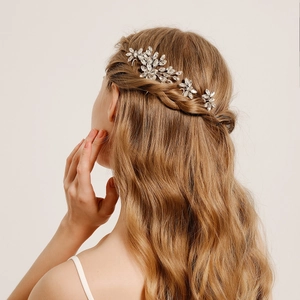 Lot de 3 peignes à cheveux de mariée en argent avec cristaux en feuille sur tresse blonde