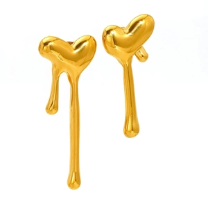 Elegant gold titanium steel molten heart earrings with fluid metal texture on white background