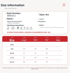 Tableau des tailles pour brassière de yoga col en V avec détails du tissu et mesures