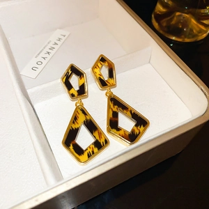 Goldene geometrische Ohrringe mit Leopardenmuster-Inlays in einer Schmuckschatulle