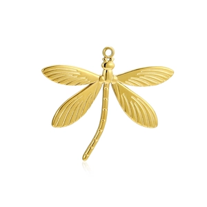 Detailed view of a golden dragonfly pendant in 18k vacuum plated stainless steel