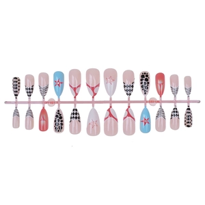 Mix of 24 almond fake nails with leopard print and star patterns on pink plastic holder