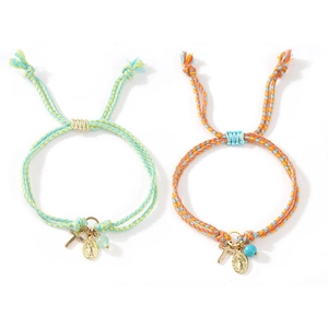 Handmade woven cross bracelet with aventurine stone and golden religious charms