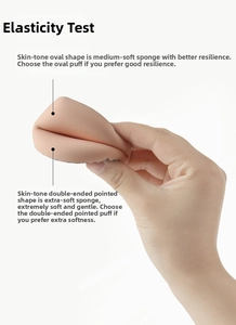 Detail showing high elasticity and softness test of beige marshmallow makeup puffs