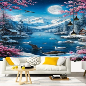 Tapiz decorativo detallado con paisaje de montaña nevada, lago y flores de cerezo en la pared