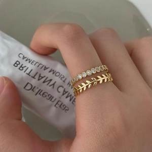 Zircon leaf open rings set of 2 in gold plated copper for women fashion accessory