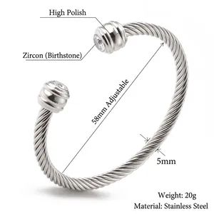 Polished titanium steel twisted cable cuff bracelet with clear cubic zirconia stones