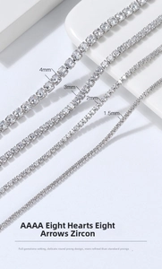 Detailed comparison of 1.5mm to 4mm S925 silver tennis chains with AAAA cubic zirconia
