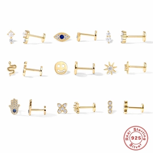 925 Sterling Silver Cartilage Piercing Stud Earring Zirconia Evil Eye Snake Hamsa Flat Back Labret Jewelry Women
