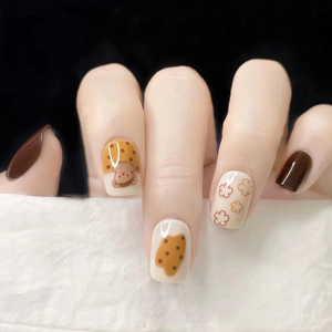 Faux Ongles À Presser Motif Ours Dessin Animé Fleur Pois Marron Blanc Crème Courts Carrés Ronds Avec Colle