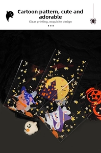 Macro detail of transparent Halloween gift bags featuring cute cartoon animal wizards