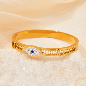 Evil Eye Stainless Steel Bangle For Women Rhinestone Inlaid Gold Silver Plated Cutout Design Fashion Exquisite Jewelry Gift