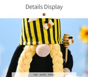 Detail of bumble bee gnome showing high quality fabrics and braided yellow hair