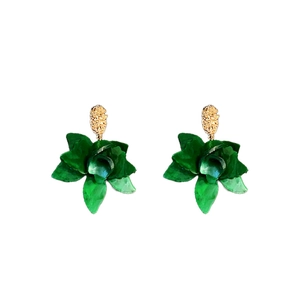 Elegant green flower stud earrings with gold pins and detailed petal texture on white background