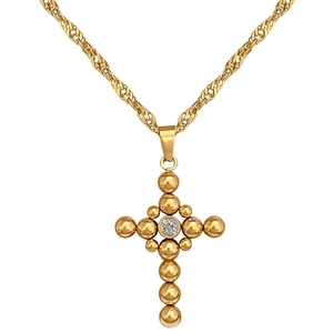 Minimalist titanium steel gold cross necklace with beaded design and clear rhinestone pendant