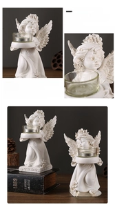 Detailed retro angel resin candle holder with vintage textures and a clear glass cup